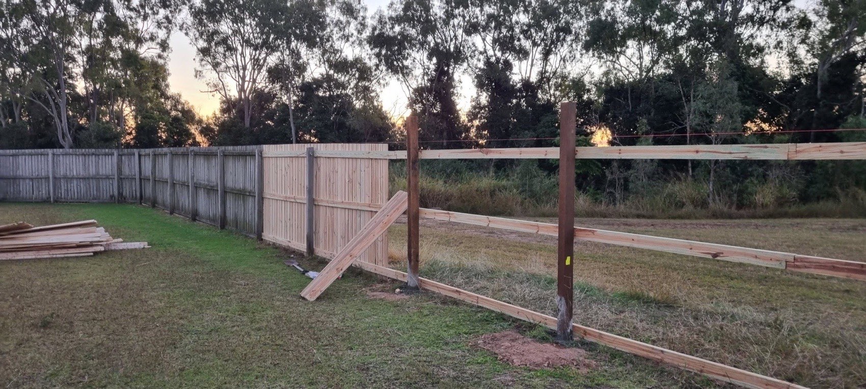 A timber fence being built along a back boundary in late afternoon light